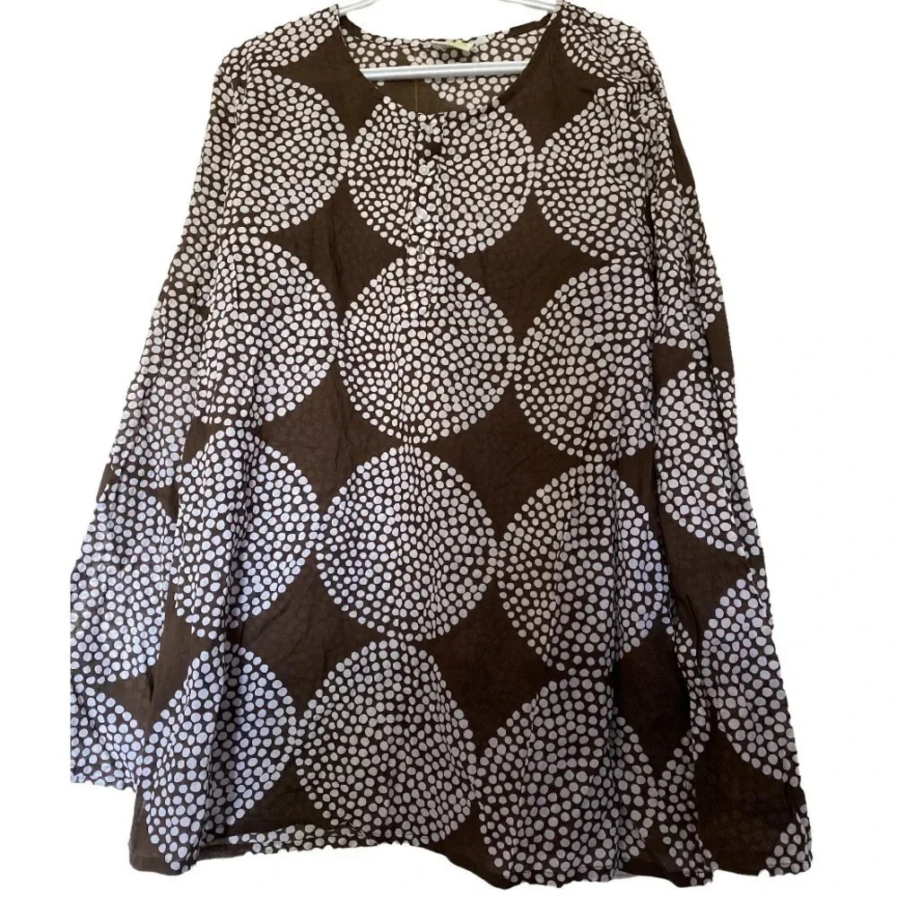 See Design brown white polka dot cover up kaftan Tunic long sleeve top